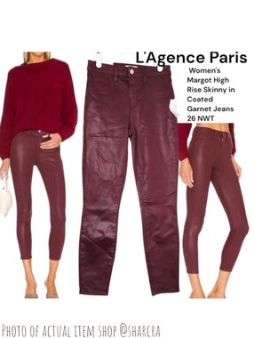 L'Agence Paris Women's Margot High Rise Skinny Coated Jeans Maroon Garnet Sz 26